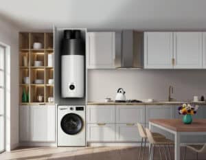 Bomba de calor para agua caliente sanitaria Bosch Compress 5001 DW instalada en armario de cocina residencial