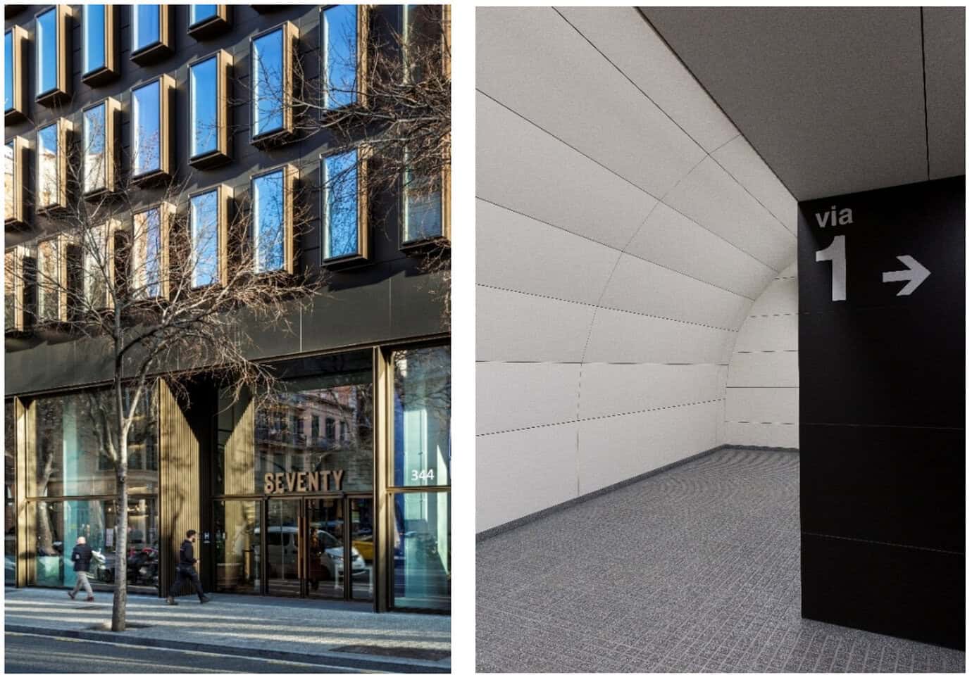 la izquierda, fachada del Hotel Seventy en Barcelona. A la derecha, estación de metro de Provença.