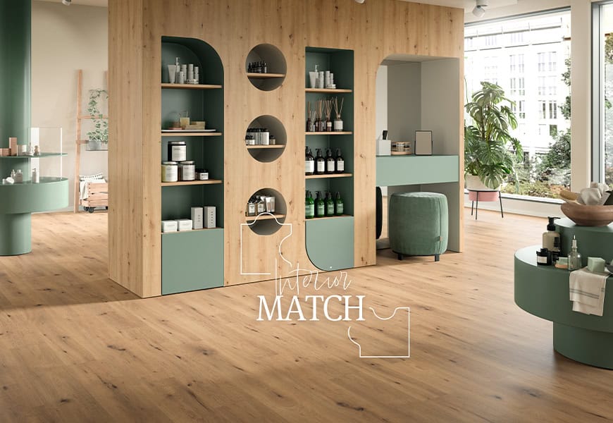 El paquete de diseño EGGER Interior Match ayuda a combinar la Colección de suelos EGGER 25+ y los productos de mobiliario e interiorismo de la EGGER Colección Decorativa 26+